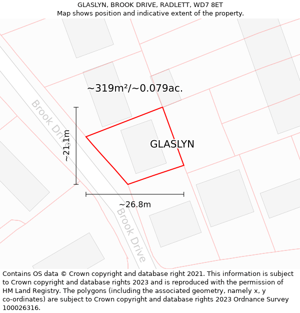 GLASLYN, BROOK DRIVE, RADLETT, WD7 8ET: Plot and title map