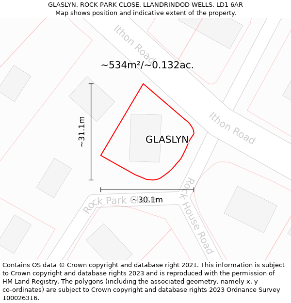 GLASLYN, ROCK PARK CLOSE, LLANDRINDOD WELLS, LD1 6AR: Plot and title map