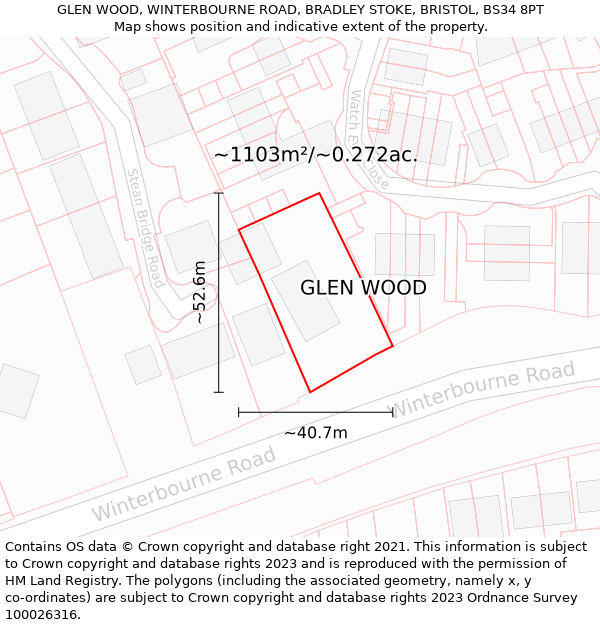 GLEN WOOD, WINTERBOURNE ROAD, BRADLEY STOKE, BRISTOL, BS34 8PT: Plot and title map