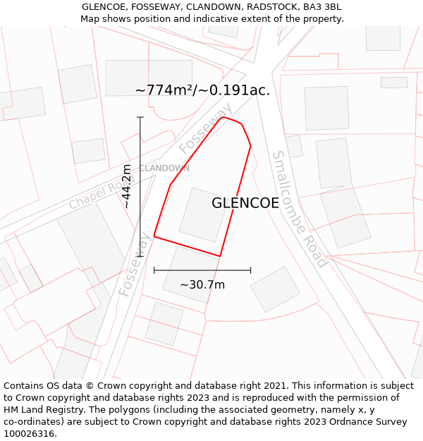 GLENCOE, FOSSEWAY, CLANDOWN, RADSTOCK, BA3 3BL: Plot and title map