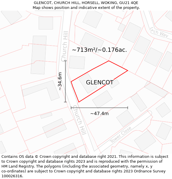 GLENCOT, CHURCH HILL, HORSELL, WOKING, GU21 4QE: Plot and title map