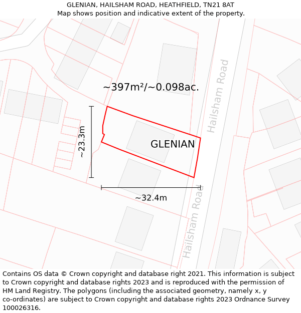 GLENIAN, HAILSHAM ROAD, HEATHFIELD, TN21 8AT: Plot and title map
