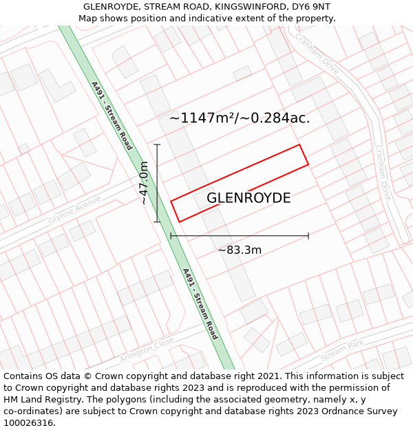 GLENROYDE, STREAM ROAD, KINGSWINFORD, DY6 9NT: Plot and title map