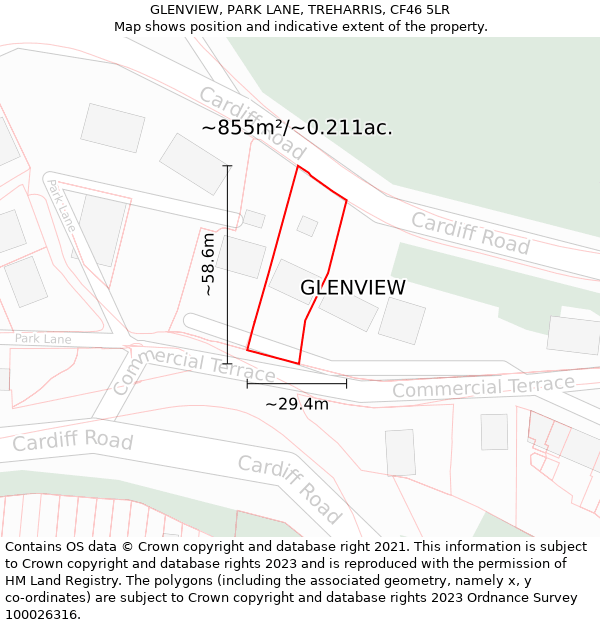 GLENVIEW, PARK LANE, TREHARRIS, CF46 5LR: Plot and title map