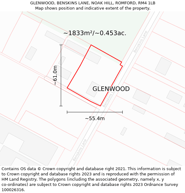 GLENWOOD, BENSKINS LANE, NOAK HILL, ROMFORD, RM4 1LB: Plot and title map