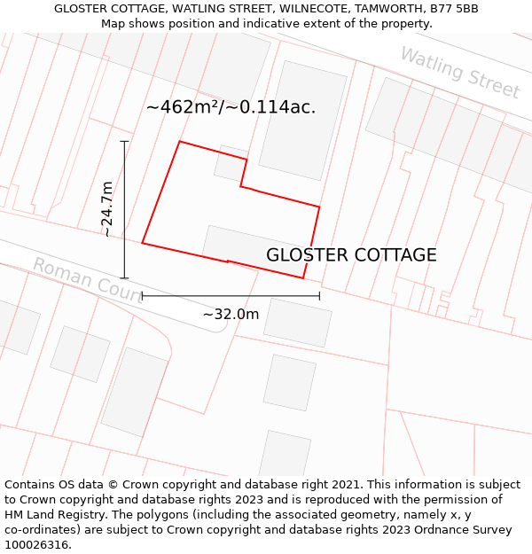 GLOSTER COTTAGE, WATLING STREET, WILNECOTE, TAMWORTH, B77 5BB: Plot and title map
