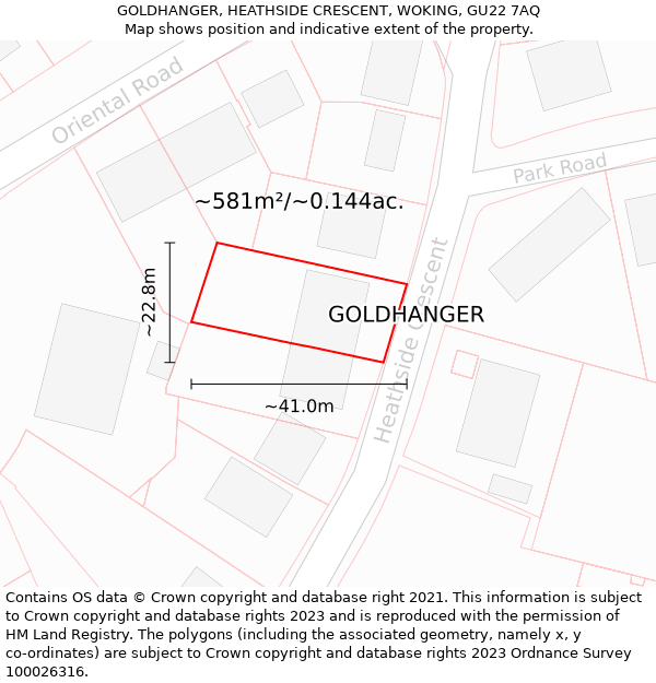 GOLDHANGER, HEATHSIDE CRESCENT, WOKING, GU22 7AQ: Plot and title map