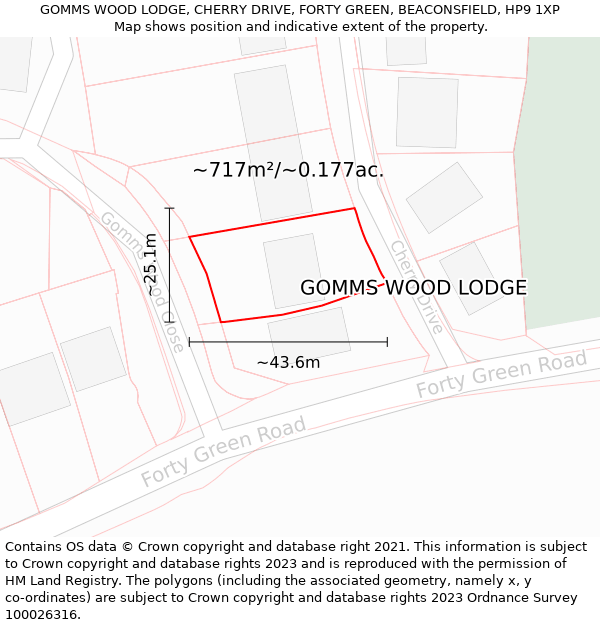 GOMMS WOOD LODGE, CHERRY DRIVE, FORTY GREEN, BEACONSFIELD, HP9 1XP: Plot and title map