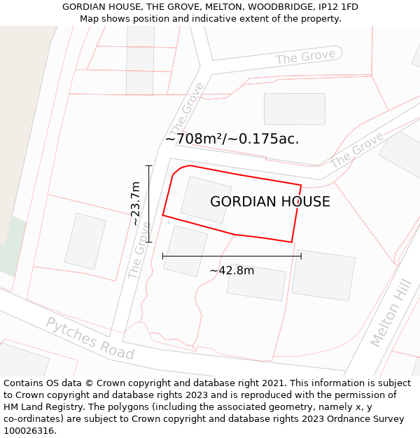 GORDIAN HOUSE, THE GROVE, MELTON, WOODBRIDGE, IP12 1FD: Plot and title map
