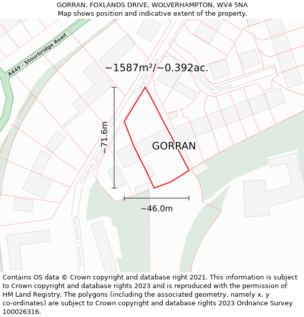 GORRAN, FOXLANDS DRIVE, WOLVERHAMPTON, WV4 5NA: Plot and title map