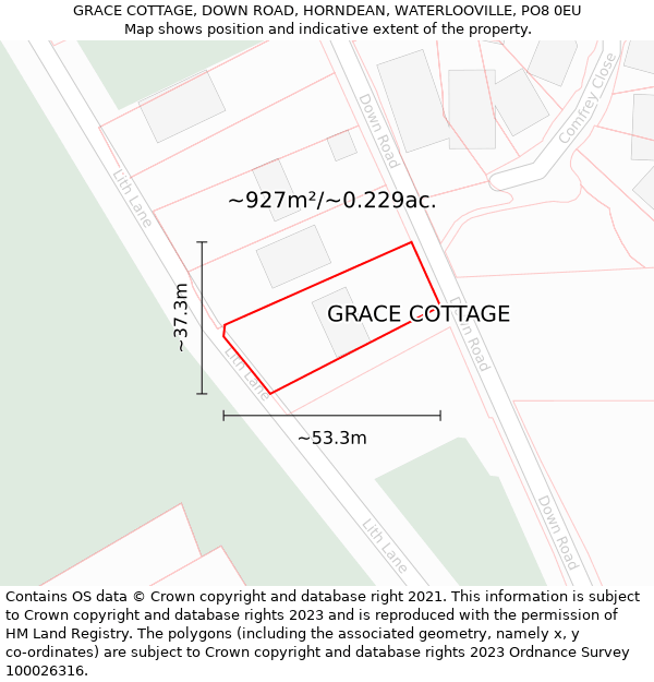 GRACE COTTAGE, DOWN ROAD, HORNDEAN, WATERLOOVILLE, PO8 0EU: Plot and title map