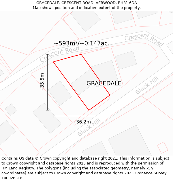 GRACEDALE, CRESCENT ROAD, VERWOOD, BH31 6DA: Plot and title map