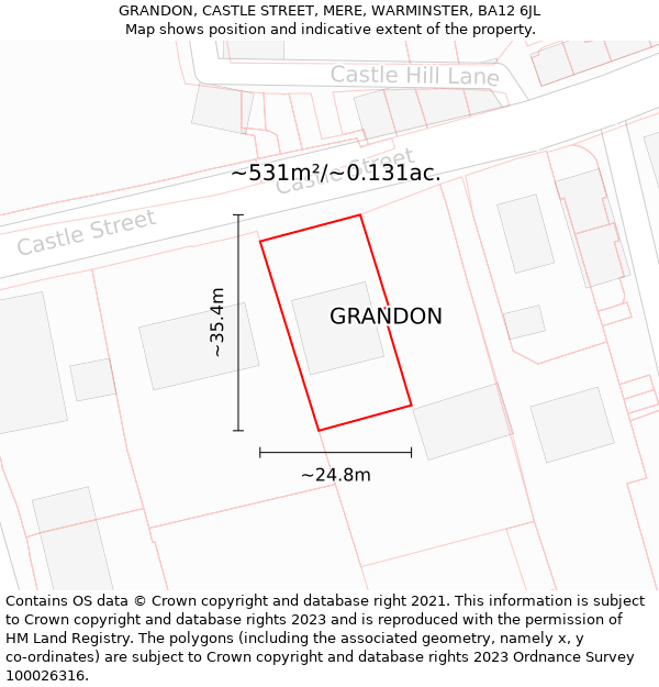 GRANDON, CASTLE STREET, MERE, WARMINSTER, BA12 6JL: Plot and title map