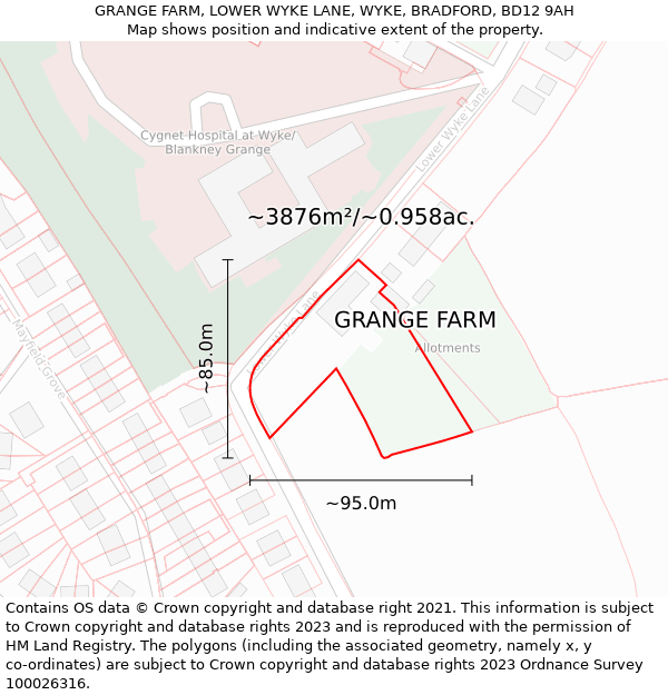 GRANGE FARM, LOWER WYKE LANE, WYKE, BRADFORD, BD12 9AH: Plot and title map