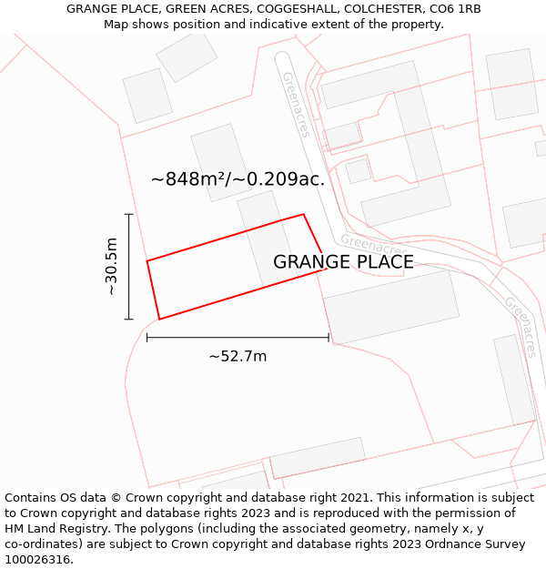 GRANGE PLACE, GREEN ACRES, COGGESHALL, COLCHESTER, CO6 1RB: Plot and title map