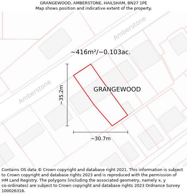 GRANGEWOOD, AMBERSTONE, HAILSHAM, BN27 1PE: Plot and title map