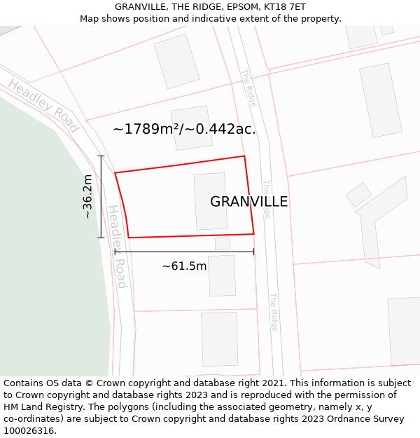 GRANVILLE, THE RIDGE, EPSOM, KT18 7ET: Plot and title map