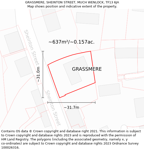GRASSMERE, SHEINTON STREET, MUCH WENLOCK, TF13 6JA: Plot and title map