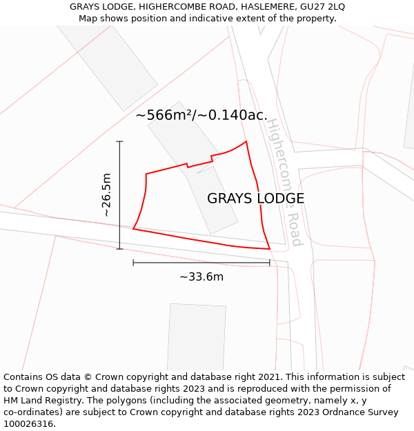 GRAYS LODGE, HIGHERCOMBE ROAD, HASLEMERE, GU27 2LQ: Plot and title map