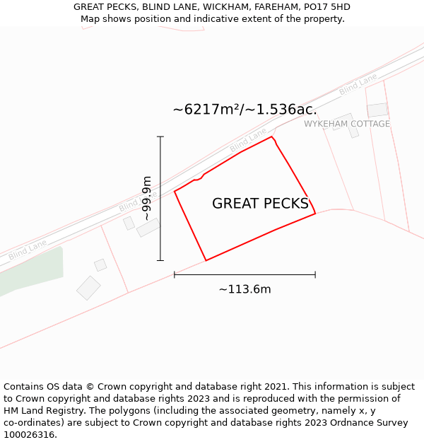 GREAT PECKS, BLIND LANE, WICKHAM, FAREHAM, PO17 5HD: Plot and title map