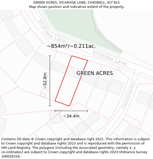 GREEN ACRES, VICARAGE LANE, CHIGWELL, IG7 6LS: Plot and title map