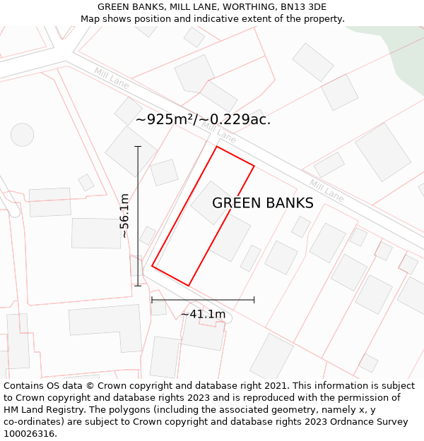 GREEN BANKS, MILL LANE, WORTHING, BN13 3DE: Plot and title map