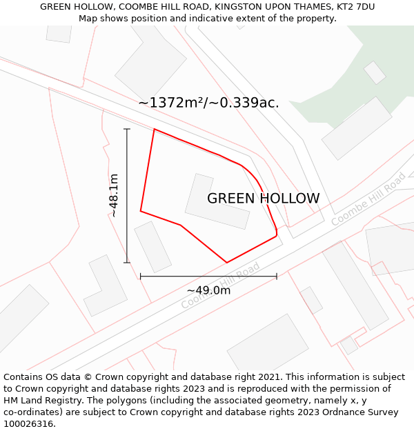 GREEN HOLLOW, COOMBE HILL ROAD, KINGSTON UPON THAMES, KT2 7DU: Plot and title map