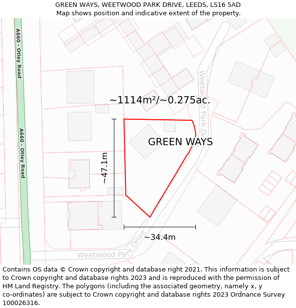 GREEN WAYS, WEETWOOD PARK DRIVE, LEEDS, LS16 5AD: Plot and title map