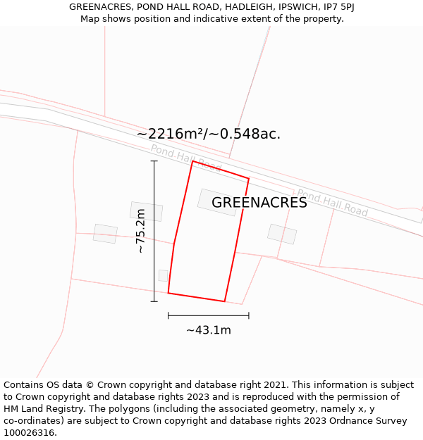 GREENACRES, POND HALL ROAD, HADLEIGH, IPSWICH, IP7 5PJ: Plot and title map