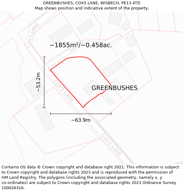 GREENBUSHES, COXS LANE, WISBECH, PE13 4TD: Plot and title map