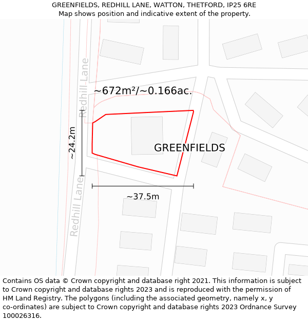 GREENFIELDS, REDHILL LANE, WATTON, THETFORD, IP25 6RE: Plot and title map