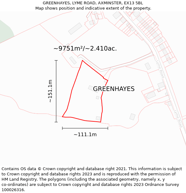 GREENHAYES, LYME ROAD, AXMINSTER, EX13 5BL: Plot and title map