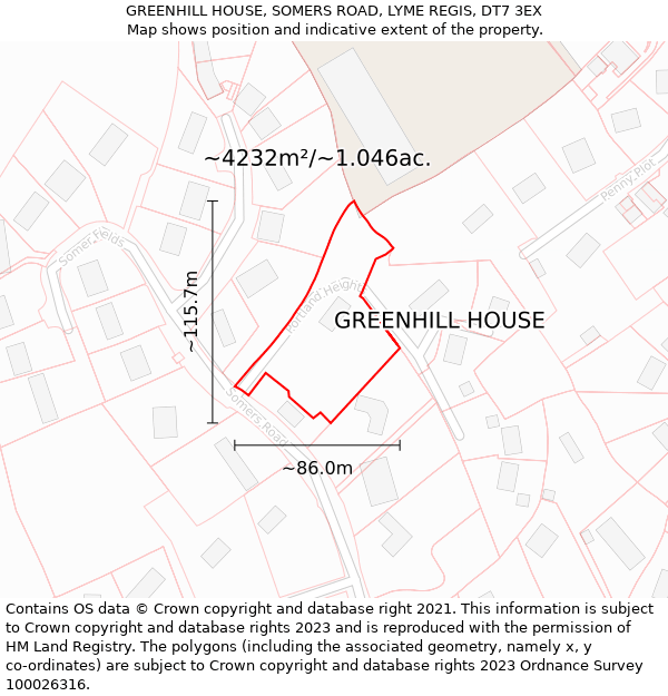 GREENHILL HOUSE, SOMERS ROAD, LYME REGIS, DT7 3EX: Plot and title map