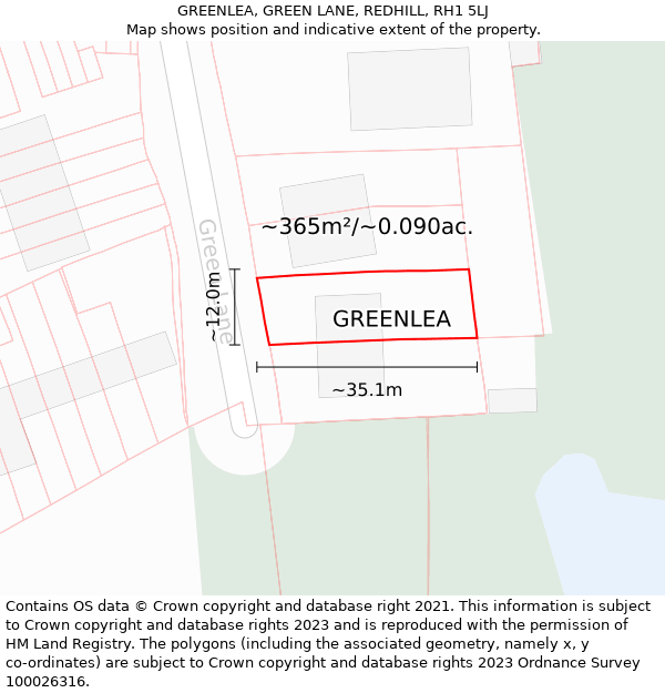 GREENLEA, GREEN LANE, REDHILL, RH1 5LJ: Plot and title map