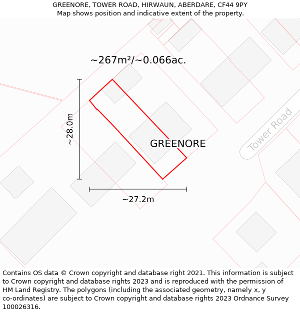 GREENORE, TOWER ROAD, HIRWAUN, ABERDARE, CF44 9PY: Plot and title map