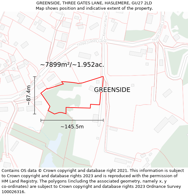 GREENSIDE, THREE GATES LANE, HASLEMERE, GU27 2LD: Plot and title map