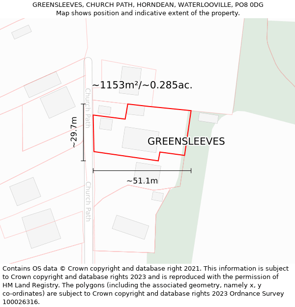 GREENSLEEVES, CHURCH PATH, HORNDEAN, WATERLOOVILLE, PO8 0DG: Plot and title map