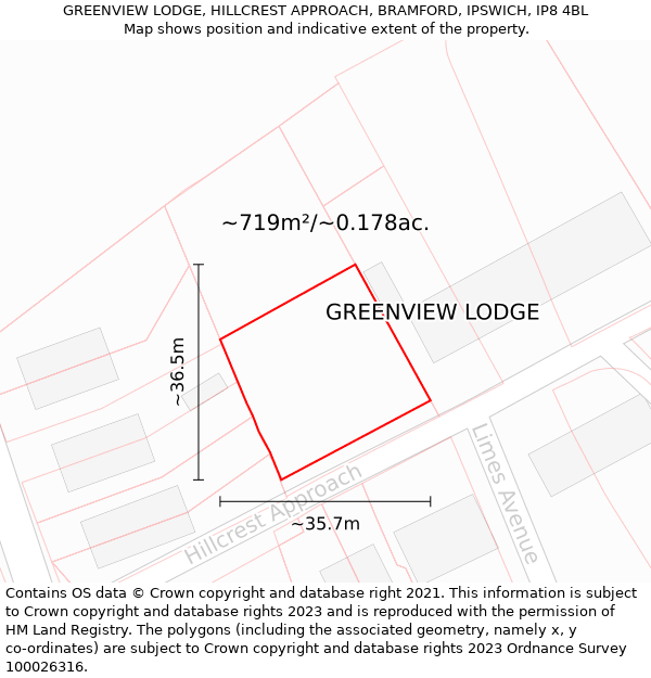 GREENVIEW LODGE, HILLCREST APPROACH, BRAMFORD, IPSWICH, IP8 4BL: Plot and title map