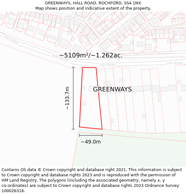 GREENWAYS, HALL ROAD, ROCHFORD, SS4 1NX: Plot and title map