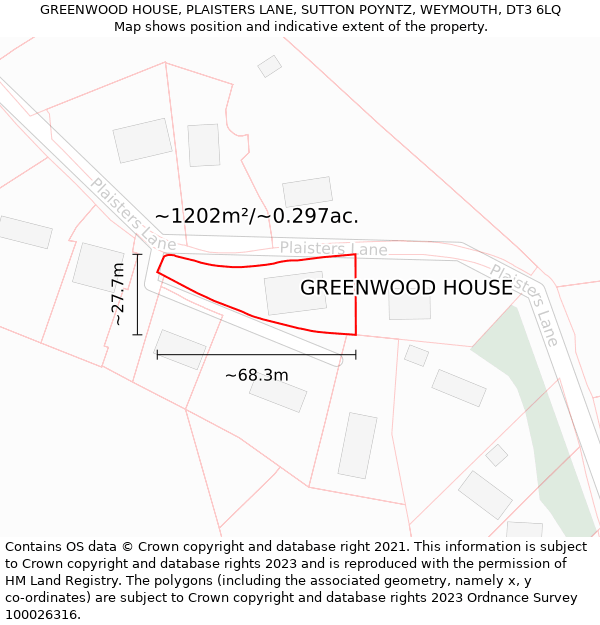 GREENWOOD HOUSE, PLAISTERS LANE, SUTTON POYNTZ, WEYMOUTH, DT3 6LQ: Plot and title map