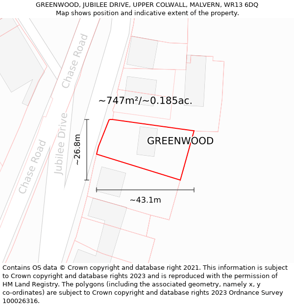 GREENWOOD, JUBILEE DRIVE, UPPER COLWALL, MALVERN, WR13 6DQ: Plot and title map