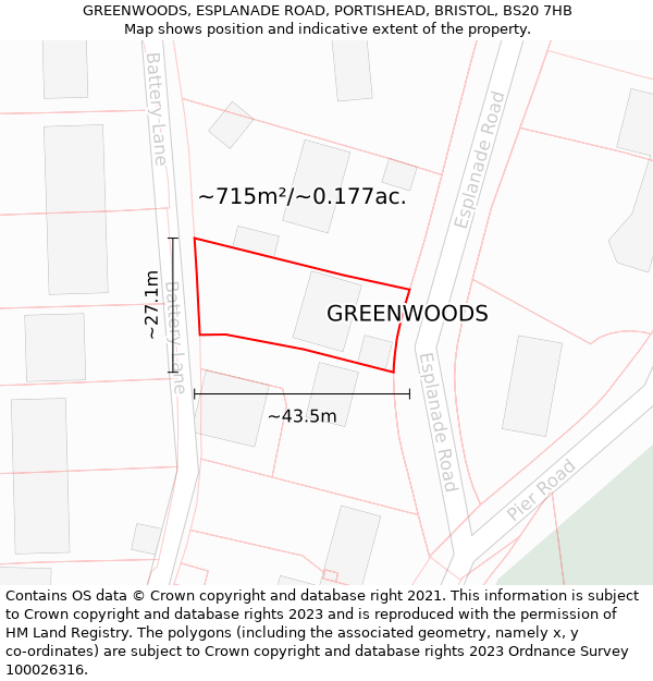 GREENWOODS, ESPLANADE ROAD, PORTISHEAD, BRISTOL, BS20 7HB: Plot and title map
