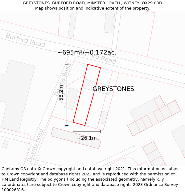 GREYSTONES, BURFORD ROAD, MINSTER LOVELL, WITNEY, OX29 0RD: Plot and title map