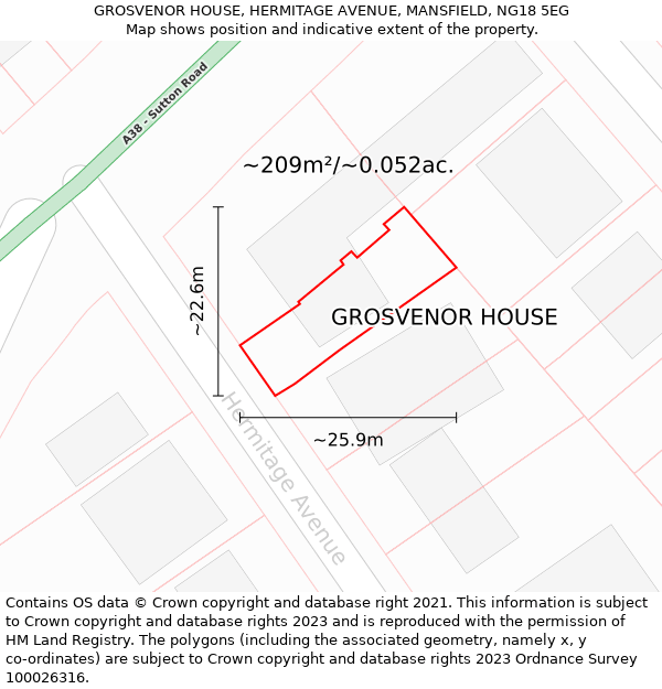 GROSVENOR HOUSE, HERMITAGE AVENUE, MANSFIELD, NG18 5EG: Plot and title map