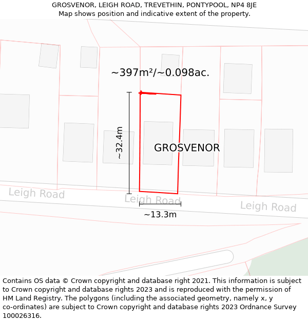 GROSVENOR, LEIGH ROAD, TREVETHIN, PONTYPOOL, NP4 8JE: Plot and title map