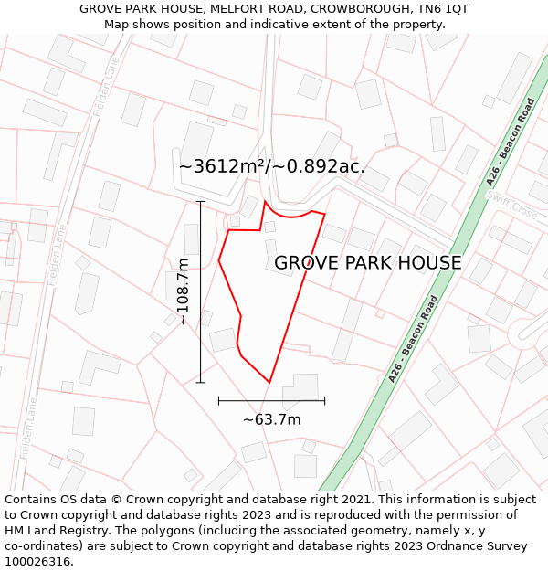 GROVE PARK HOUSE, MELFORT ROAD, CROWBOROUGH, TN6 1QT: Plot and title map
