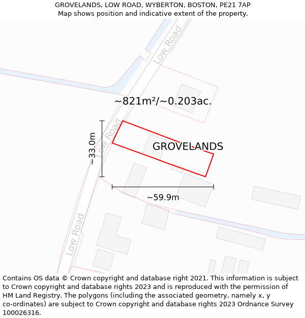 GROVELANDS, LOW ROAD, WYBERTON, BOSTON, PE21 7AP: Plot and title map