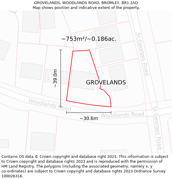 GROVELANDS, WOODLANDS ROAD, BROMLEY, BR1 2AD: Plot and title map