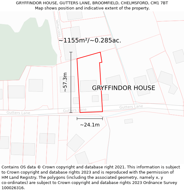 GRYFFINDOR HOUSE, GUTTERS LANE, BROOMFIELD, CHELMSFORD, CM1 7BT: Plot and title map