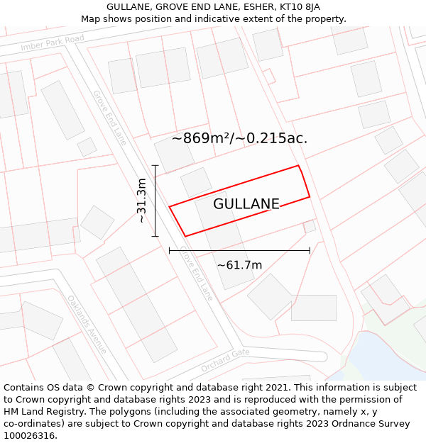 GULLANE, GROVE END LANE, ESHER, KT10 8JA: Plot and title map